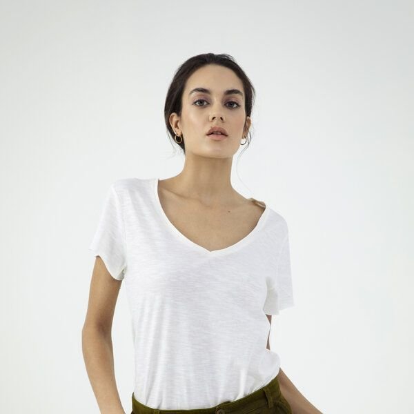 d'Els Rebecca Damen V-Neck Kurzarm T-Shirt aus Flame Bio Baumwolle