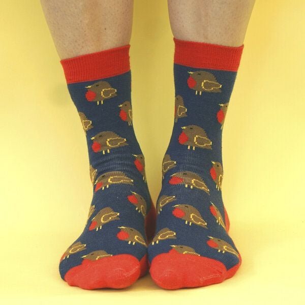 Fräulein Prusselise Rotkehlchen Socke Robyn, blau, rot, bunt gemustert