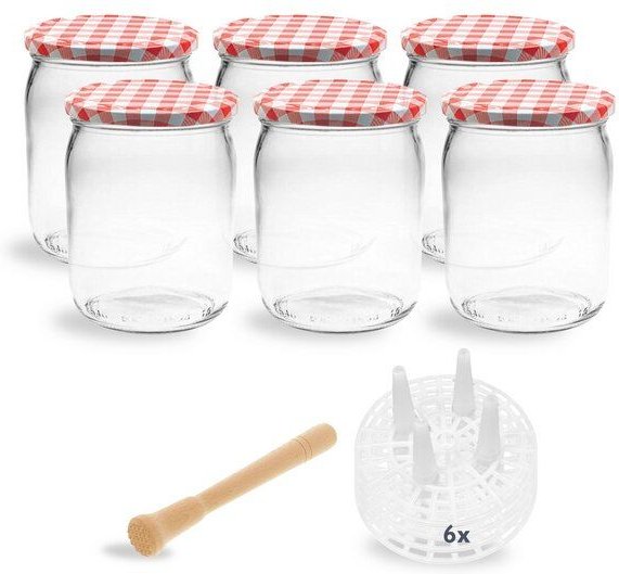 mikken Fermentier Starter Set - 6 Fermentiergläser 540 ml mit Fermentier Gitter, Holzstößel und Deckel
