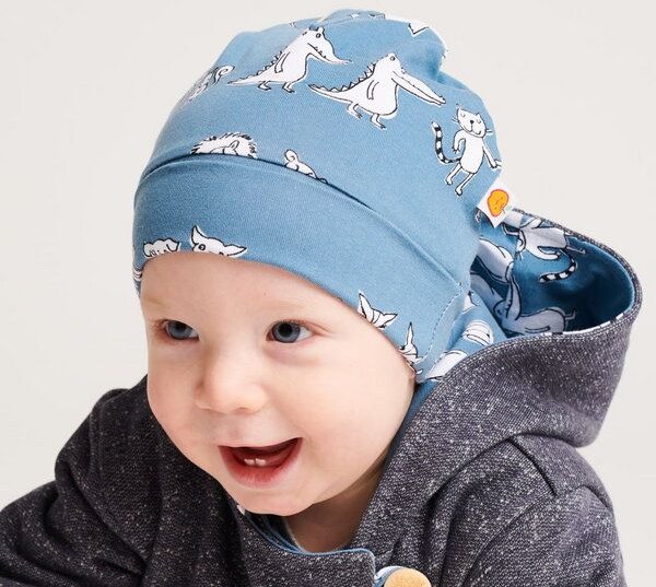 Cheeky Apple Gefütterte Baby-Haube aus Bio-Baumwolle "Zwei & Zwei" Blau/Grau