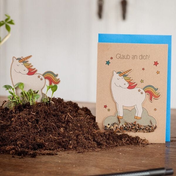 Die Stadtgärtner Mutmacher-Karte "Glaub an dich" | Mit Einhorn-Motiv und Blumensamen