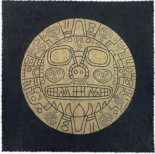 Thumbnail - Veskor Cassiopeia TIKI VIRACOCHA Heilige Geometrie Linoldruck | 22 × 22 cm | Gold auf Schwarz