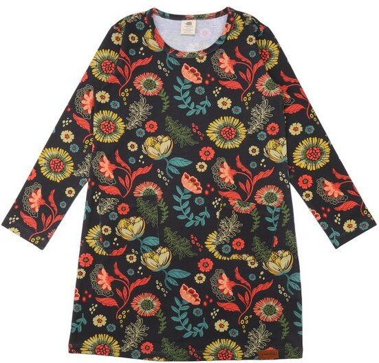 Thumbnail - Kinder Tunika GOTS zertifiziert, Bio-Baumwolle, anthrazit, „Cheerful Flowers“, Langarm, weich – Walkiddy