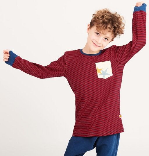 Cheeky Apple Jungen Langarm-Shirt mit Brusttasche aus Bio-Baumwolle "Ringeljersey Dunkelblau-Rot | Stars"