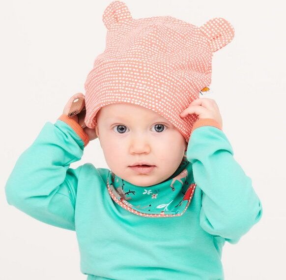 Cheeky Apple Gefütterte Baby-Haube mit Bärenohren aus Bio-Baumwolle "Dotted Lines"