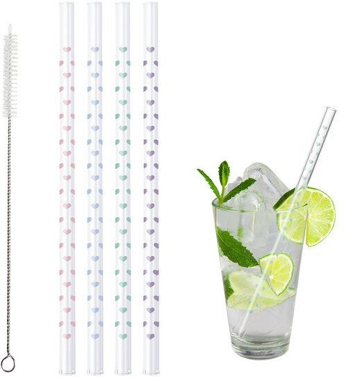 Contento Glastrinkhalm 21 cm lang, 4 Stück , Herzchen, Bürste