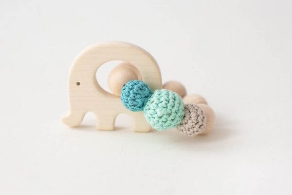 NoniKids Berlin Greifling Beißring Holz *Elefant* | Bio Baumwolle