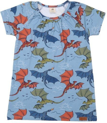 Kinder Tunika GOTS zertifiziert, blau, Drachen-Allover „Colorful Dragons“, Kurzarm, weich – Walkiddy