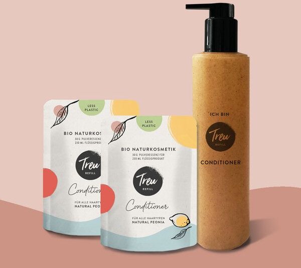 Thumbnail - Treu-Refill Bio Naturkosmetik Conditioner in Pulverform mit Refill-Flasche aus Flüssigholz