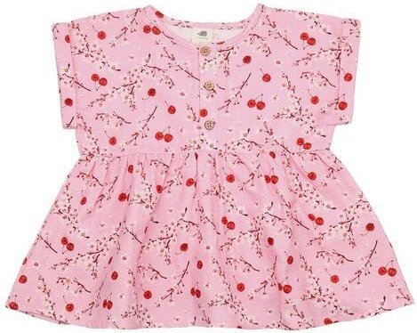 Mädchen Bluse GOTS zertifiziert – Rosa mit Kirsch- und Blütenmuster, Kurzarm | von Walkiddy