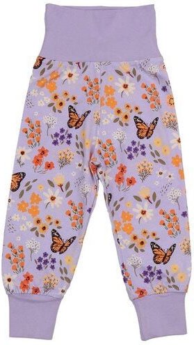 Baby/Kinder Pumphose GOTS-zertifiziert aus Bio-Baumwolle lila mit Blumen-und-Schmetterlings-Muster – Walkiddy