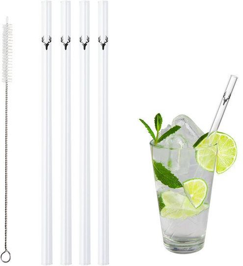Contento Glastrinkhalm 21 cm lang, 4 Stück, Hirsch, mit Bürste
