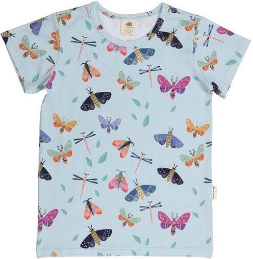 Kinder T-Shirt GOTS-zertifiziert aus Bio-Baumwolle hellblau mit buntem Schmetterlings-Muster von Walkiddy