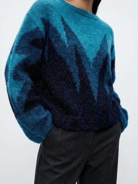 KnitToChange Handgestrickter Oversize-Pullover in Blau- und Dunkelblautönen mit grafischem Design