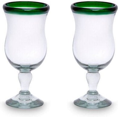 Mitienda Shop Cocktailgläser 2er Set grüner Rand geschwungen, Mundgeblasene Gläser aus Mexiko