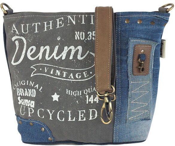 Sunsa Umhängetasche aus recycelter Jeans & Canvas. Nachhaltige Crossbody mit Vintage Motiv