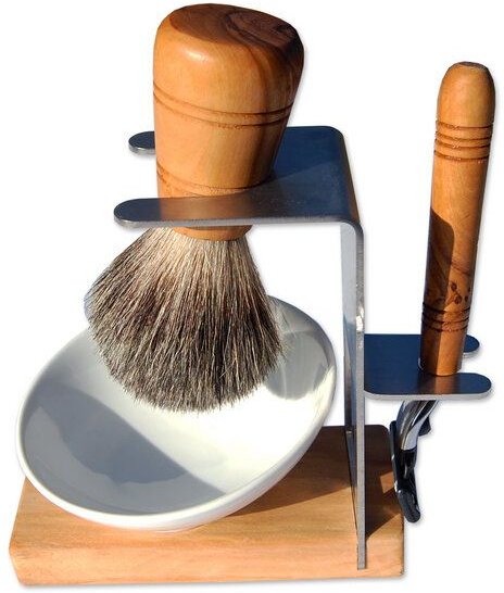 Olivenholz erleben 4tlg. Rasierset AMRUM PLUS mit Rasierpinsel vegan & Nassrasierer Olivenholz