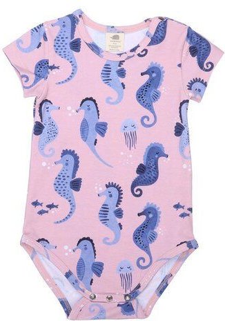 Baby Kurzarmbody GOTS zertifiziert Bio-Baumwolle Rosa Seepferdchen-Print Druckknöpfe – Walkiddy