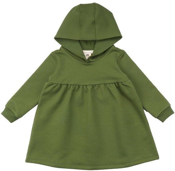 Kinder Kapuzenkleid GOTS zertifiziert, 95% Bio-Baumwolle, grün „Pesto“, Langarm, weich & bequem – Walkiddy