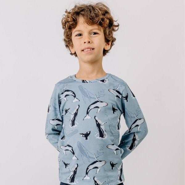 Kinder T-Shirt Bio-Baumwolle GOTS "Jumping Whales" blau – veganes, fair produziertes Walkiddy Kindershirt für empfindlic...