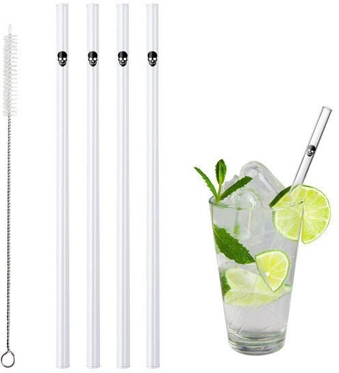 Contento Glastrinkhalm 21 cm lang, 4 Stück , Totenkopf, mit Bürste