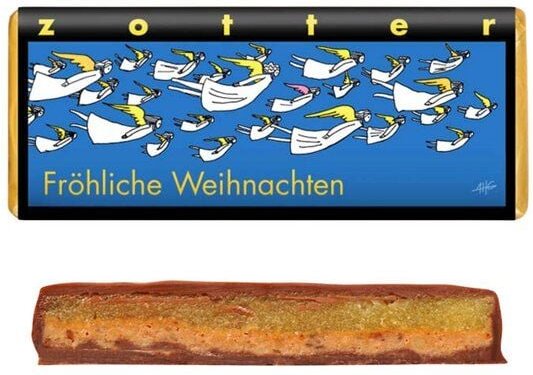 Zotter Schokolade "Fröhliche Weihnachten" Gewürzmarzipan auf Zimtnougat, 70 g