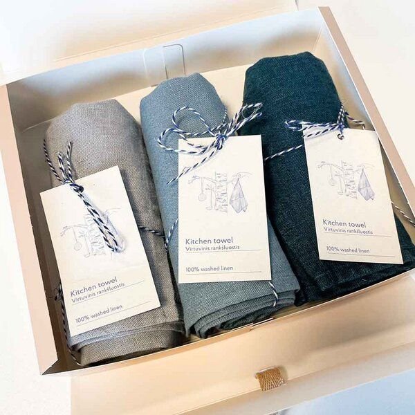 nordery Geschenkbox mit 3 hochwertigen Geschirrtüchern aus 100% europäischen Leinen