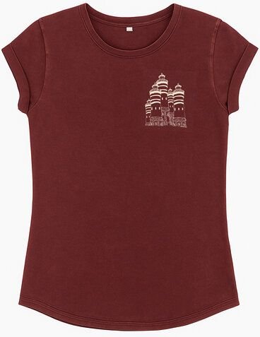 ilovemixtapes Bio Damen T-Shirt "Leuchtturmland" – Stone Washed Burgundy mit Leuchtturm Illustration