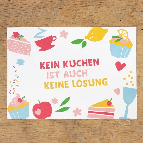 Bow & Hummingbird Postkarte "Kein Kuchen ist auch keine Lösung" aus Recyclingpapier