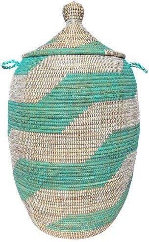 SWANE-Design Afrikanischer Wäschekorb - Zick Zack Türkis - S/M/L/XL/XXL