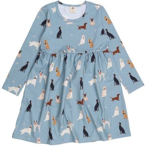 Walkiddy Various Dogs - Nachhaltiges Bio-Baumwolle Kinderkleid in Blau mit bunten Hunde-Motiven – GOTS zertifiziert