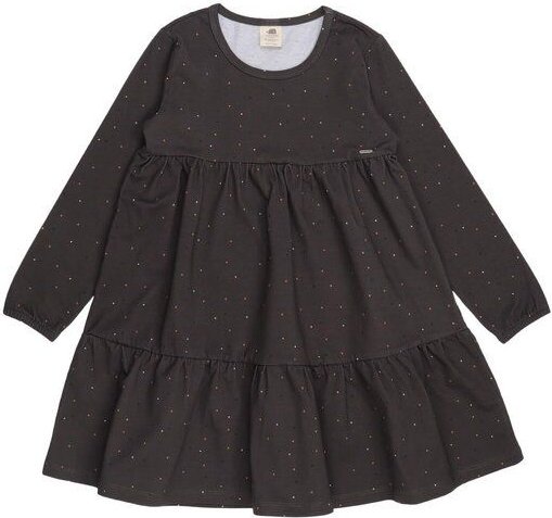 Mädchen Kleid GOTS-zertifiziert aus Bio-Baumwolle, grau mit bunten Punkten, Volantrock, langarm – Walkiddy