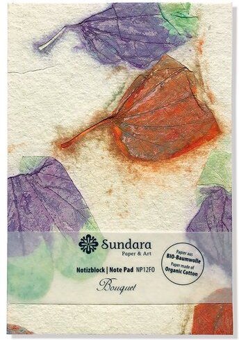 Sundara Notizblock "Bouquet" – handgeschöpftes Recycling Biobaumwoll-Papier, Grün/Violett
