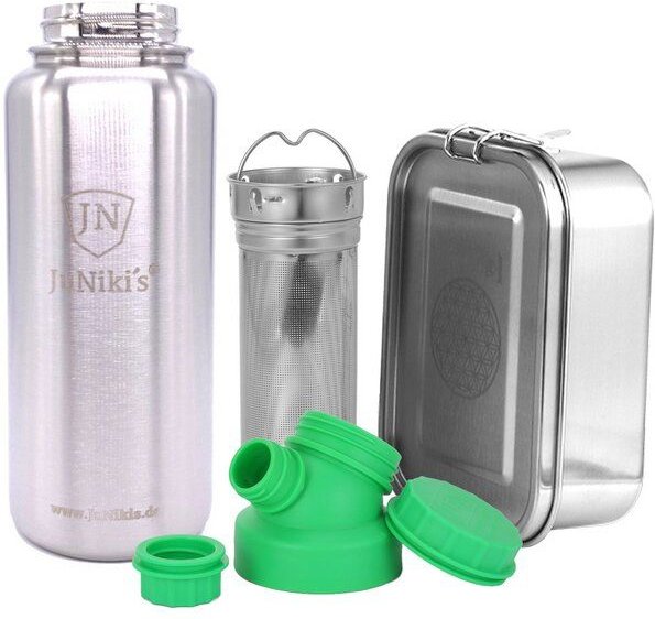 JN JuNiki's Set "Blume des Lebens": Lunchbox + 1 Liter Edelstahltrinkflasche + Teefilter