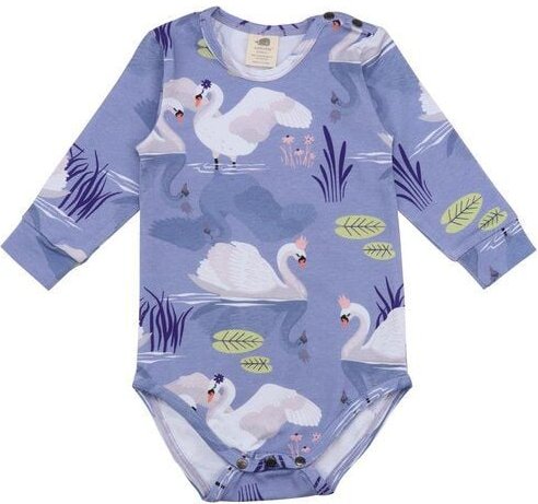 Baby Langarmbody GOTS zertifiziert – 95% Bio-Baumwolle, Lila mit Schwanmotiv, 5% Elasthan, weich & bequem | Walkiddy