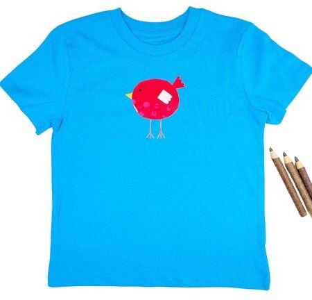Meladi Kinder Shirt aus Biobaumwolle - Roter Vogel auf Aqua Blue