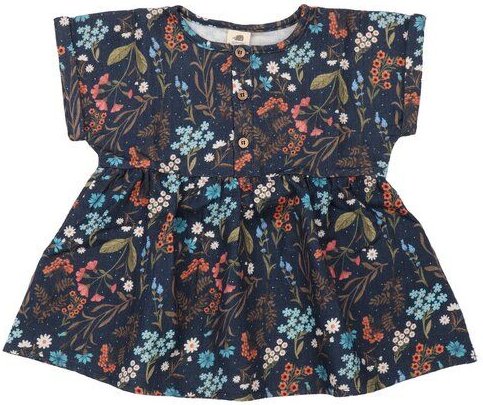 Kinder Bluse GOTS zertifiziert – Bio-Baumwolle, Dunkelblau mit Blumenmuster, kurzärmelig, locker fallend | Walkiddy