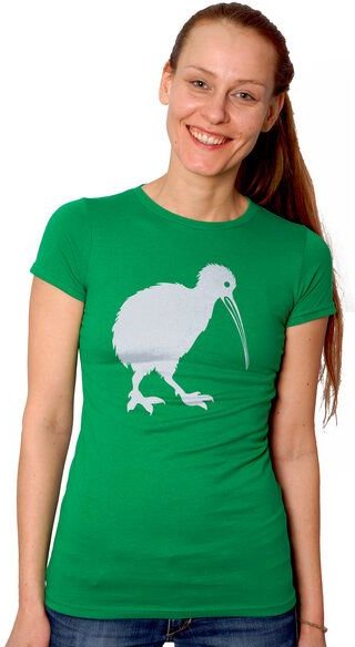 HANDGEDRUCKT "Kiwi" Frauen-T-SHIRT von Earth Positiv Biobaumwolle