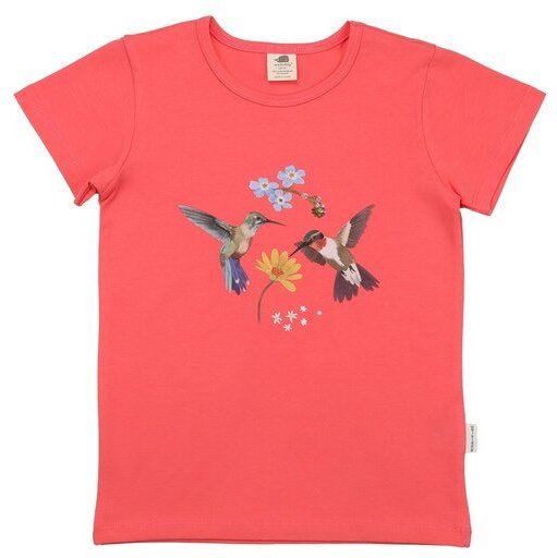 Thumbnail - Kinder T-Shirt GOTS zertifiziert, Bio-Baumwolle, korallrot, Kolibri-Blumen-Print, weich & bequem – Walkiddy
