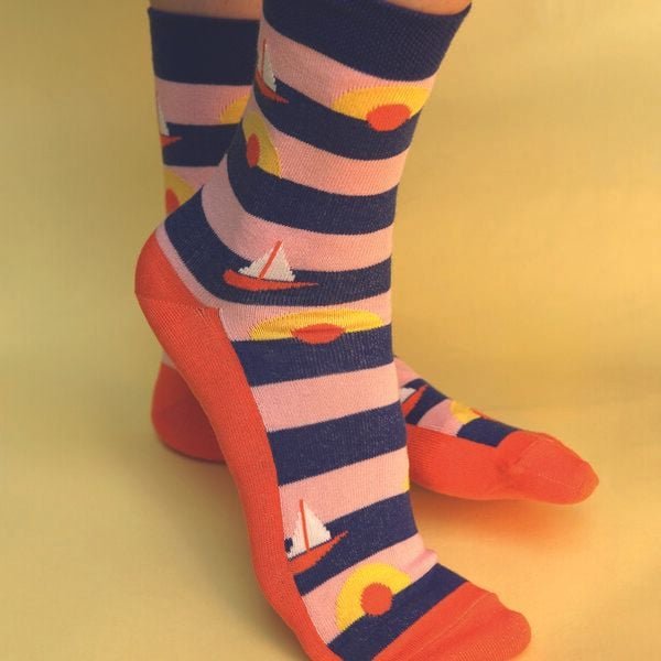 Fräulein Prusselise Sailor Sun Socke, Segelschiff, Sundown, rot, Streifen, rosa, blau, bunt