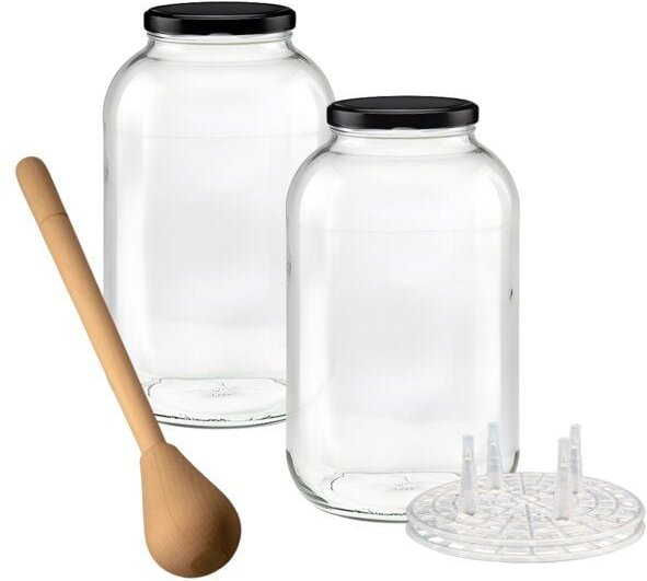 mikken Fermentier Starter Set - XXL Gläser 4,25 Liter mit Fermentier Gitter, Holzstampfer und Deckel
