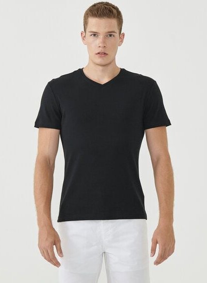 ORGANICATION Geripptes T-Shirt aus Bio-Baumwolle mit V-Ausschnitt