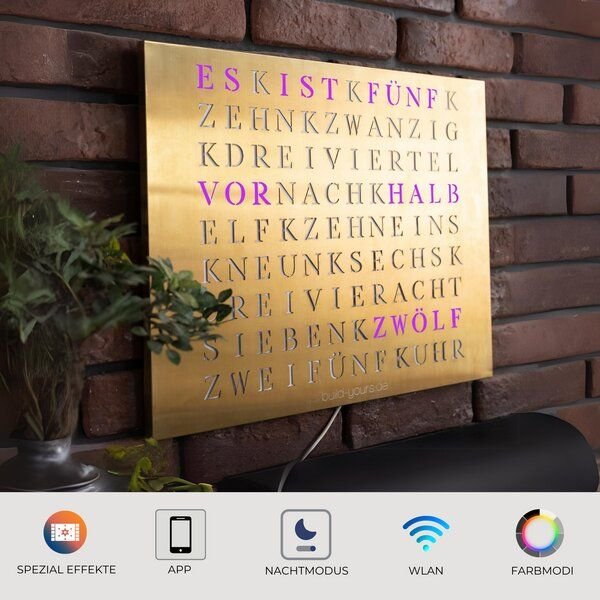 build-yours WordClock Jupiter Edelstahl in Gold - LED Wanduhr - Designer Wortuhr