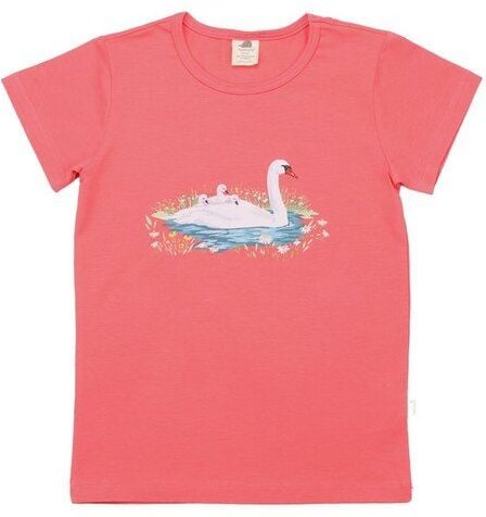 Kinder T-Shirt GOTS-zertifiziert aus Bio-Baumwolle, korallrosa mit Schwanenmotiv „Swans in Spring“, kurzarm – Walkiddy, ...