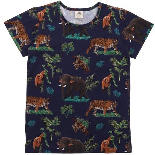 Kinder T-Shirt GOTS zertifiziert, dunkelblau, „Tropical Asia“ Allover, Bio-Baumwolle, weich – Walkiddy