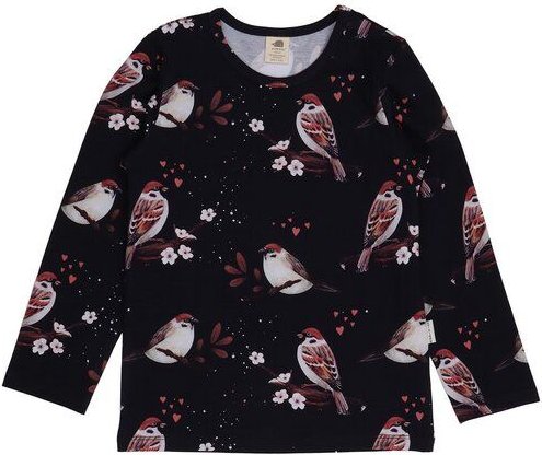 Kinder Langarmshirt GOTS-zertifiziert aus Bio-Baumwolle dunkelblau mit Spatzen-Motiv „Little Sparrows“ – Walkiddy