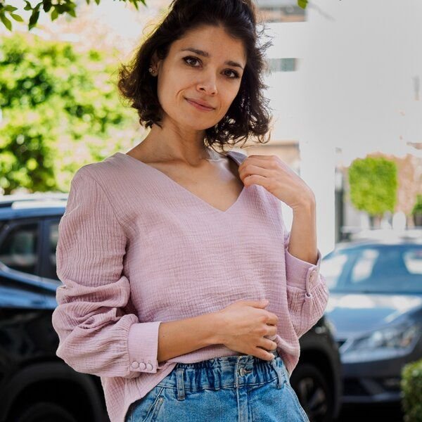 Hutch&Putch Musselin Bluse (kurz) - mit Ballonärmeln - Knöpfen am Handgelenk - aus 100% Bio-Baumwolle