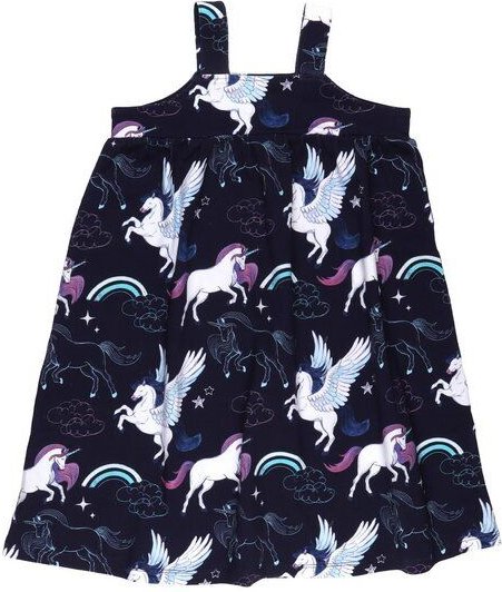 Kinder Trägerkleid GOTS zertifiziert, Bio-Baumwolle, dunkelblau, Einhorn-Pegasus-Muster, leicht – Walkiddy