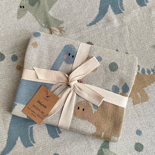 nidito Bio Babydecke Baumwolle Dinosaurier - 80x100 cm - 100% Bio-Baumwolle - Beige Blau Mint