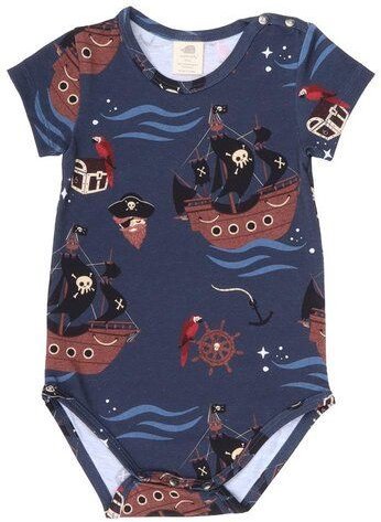 Baby Body Kurzarm GOTS zertifiziert Bio-Baumwolle, Dunkelblau, Piratenschiff-Muster, Walkiddy